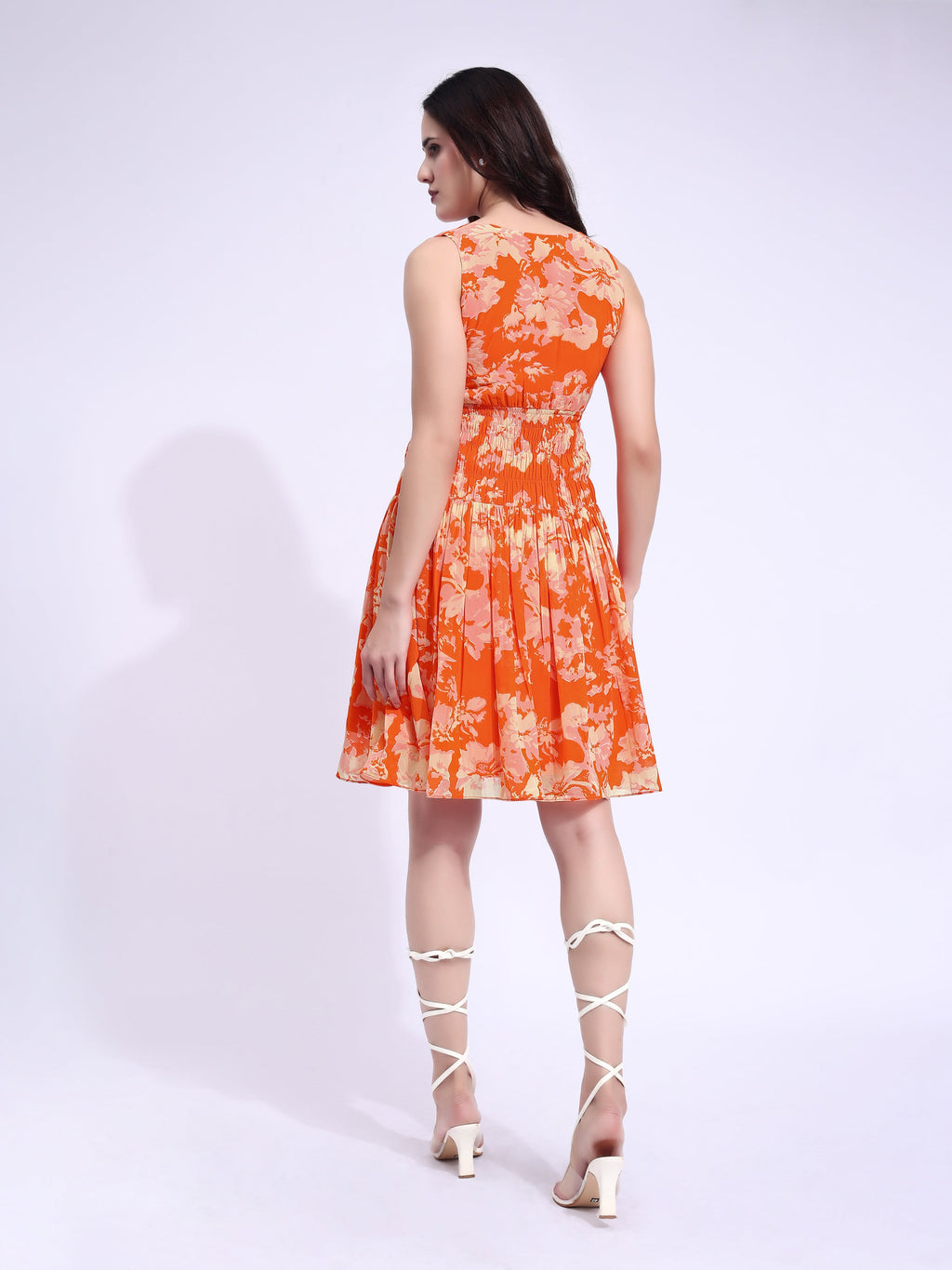 Women's Orange Fit & Flared Above Knee Sleeveless Dress