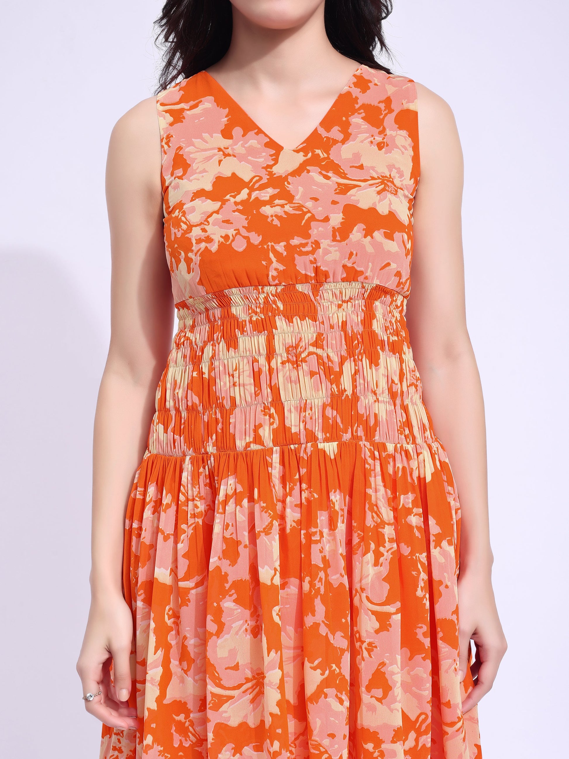 Women's Orange Fit & Flared Above Knee Sleeveless Dress