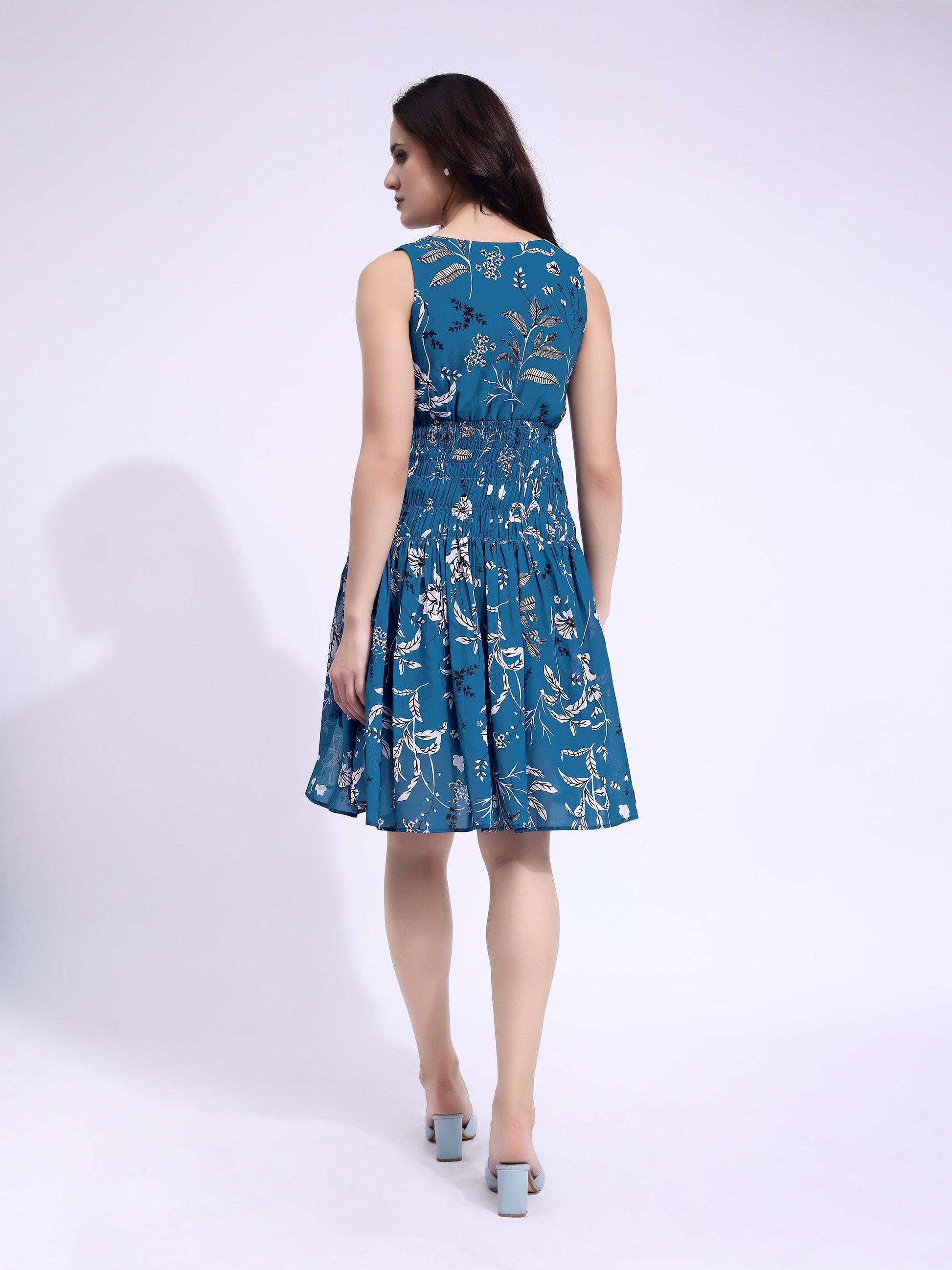 Women's Blue Fit & Flared Above Knee Sleeveless Dress