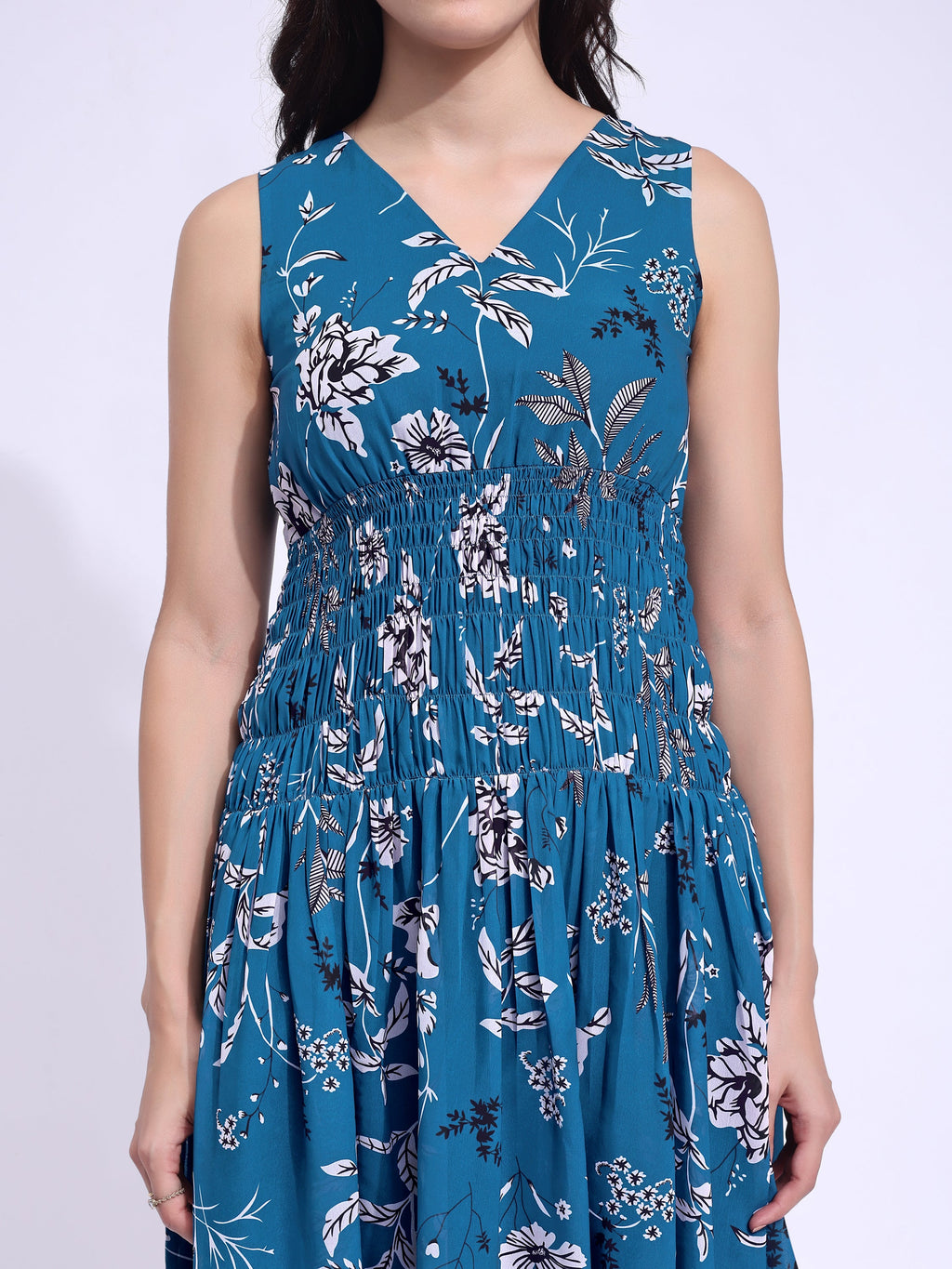 Women's Blue Fit & Flared Above Knee Sleeveless Dress