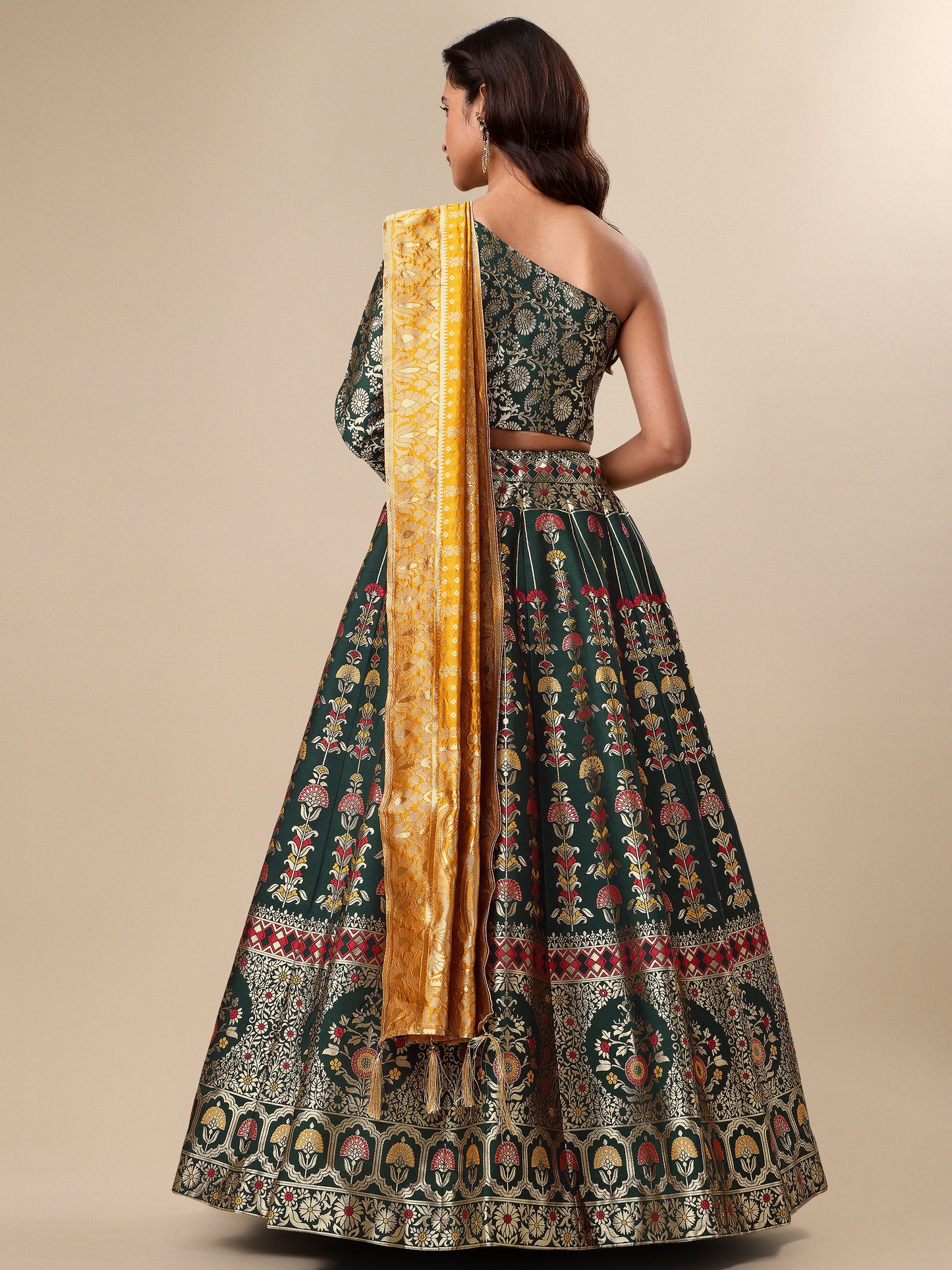 Jacquard Dark Green Semi-Stitched Lehenga Choli