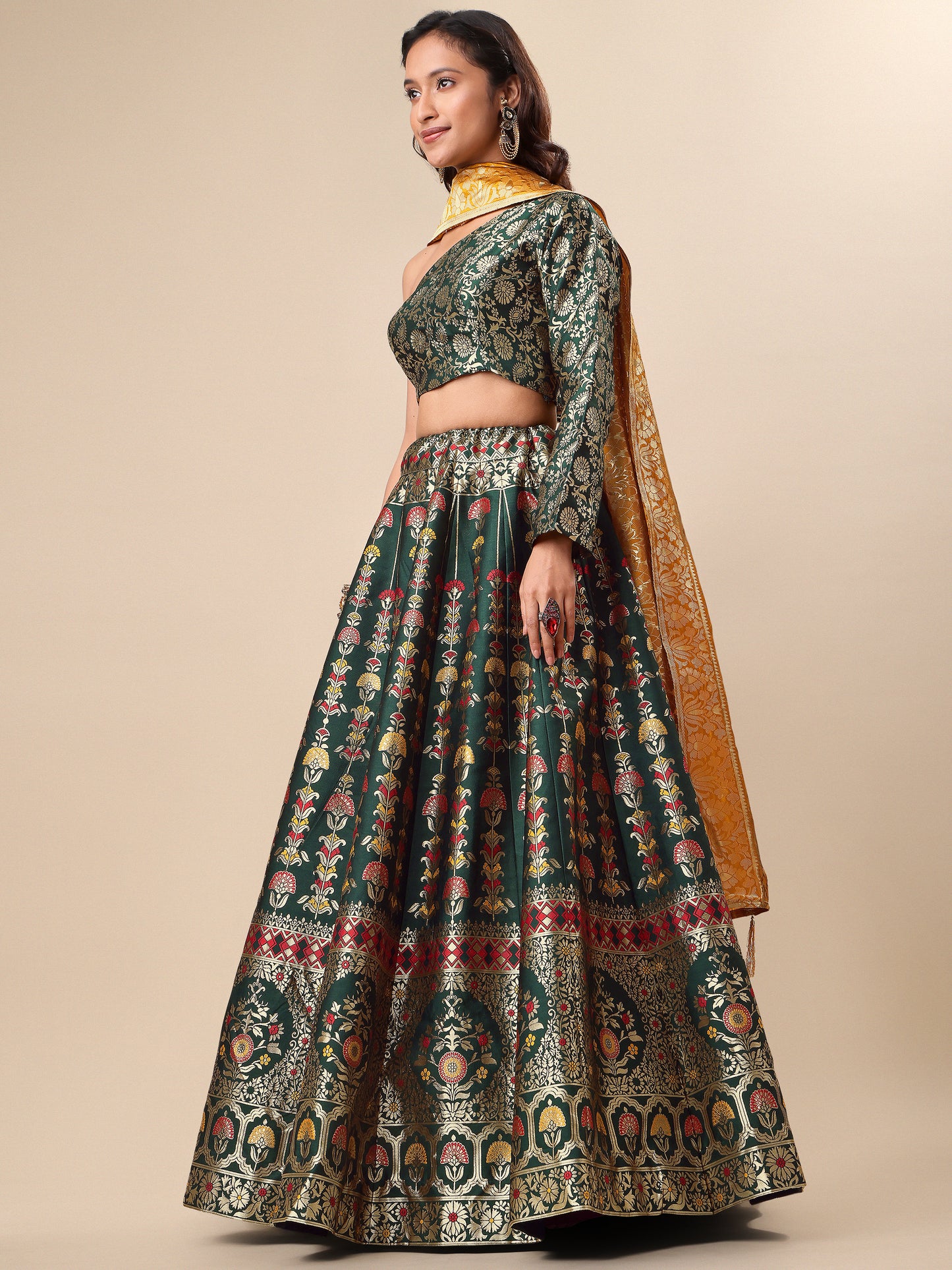 Jacquard Dark Green Semi-Stitched Lehenga Choli