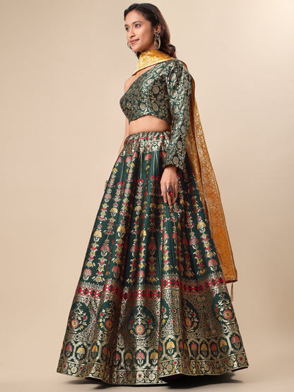 Jacquard Dark Green Semi-Stitched Lehenga Choli