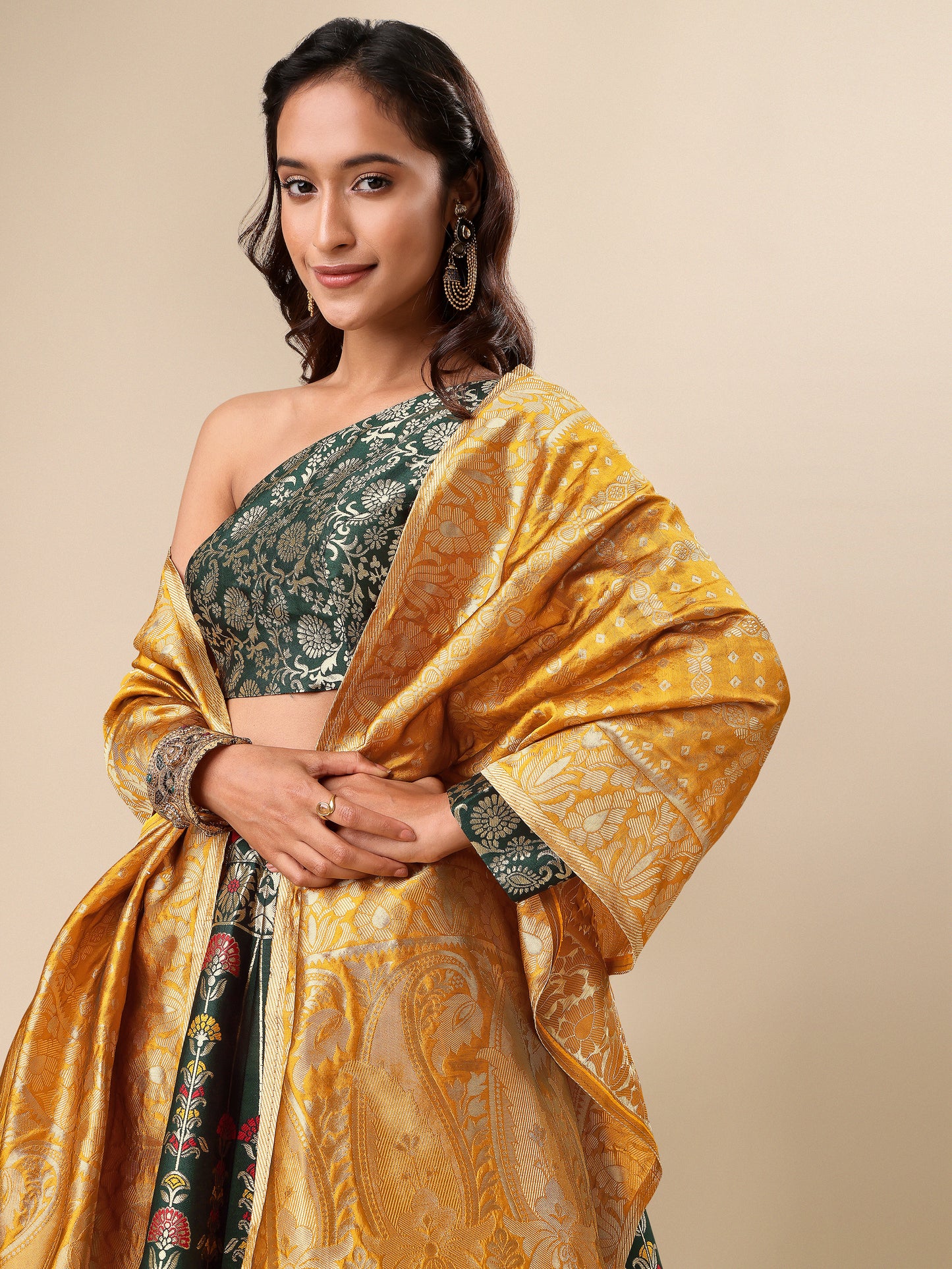 Jacquard Dark Green Semi-Stitched Lehenga Choli