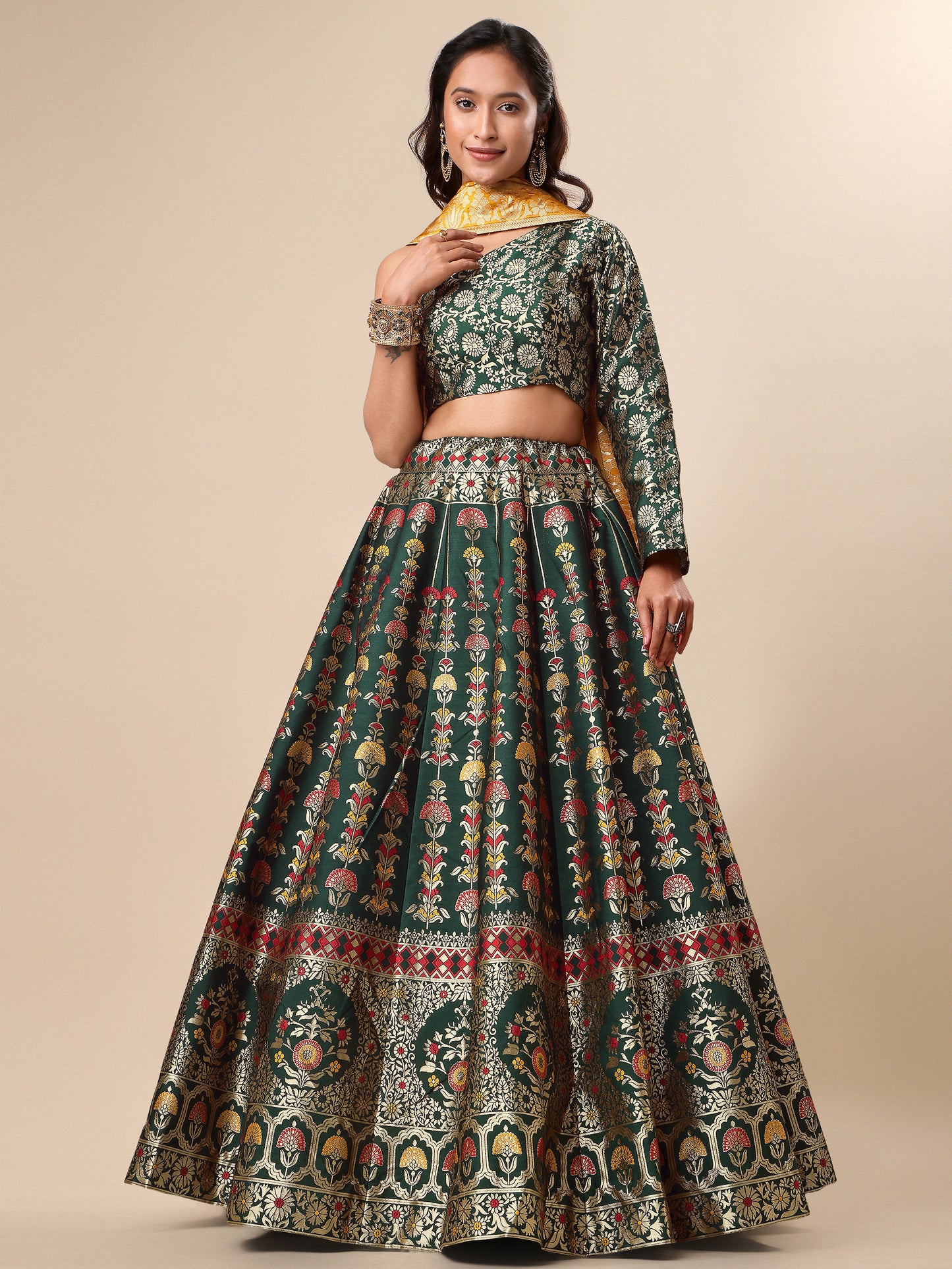 Jacquard Dark Green Semi-Stitched Lehenga Choli