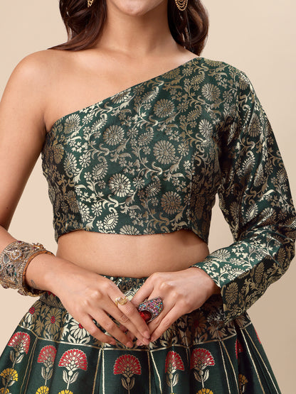 Jacquard Dark Green Semi-Stitched Lehenga Choli