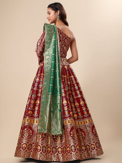 Jacquard Maroon Semi-Stitched Lehenga Choli