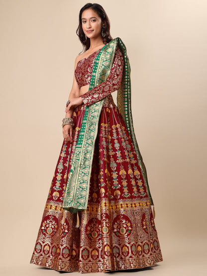 Jacquard Maroon Semi-Stitched Lehenga Choli