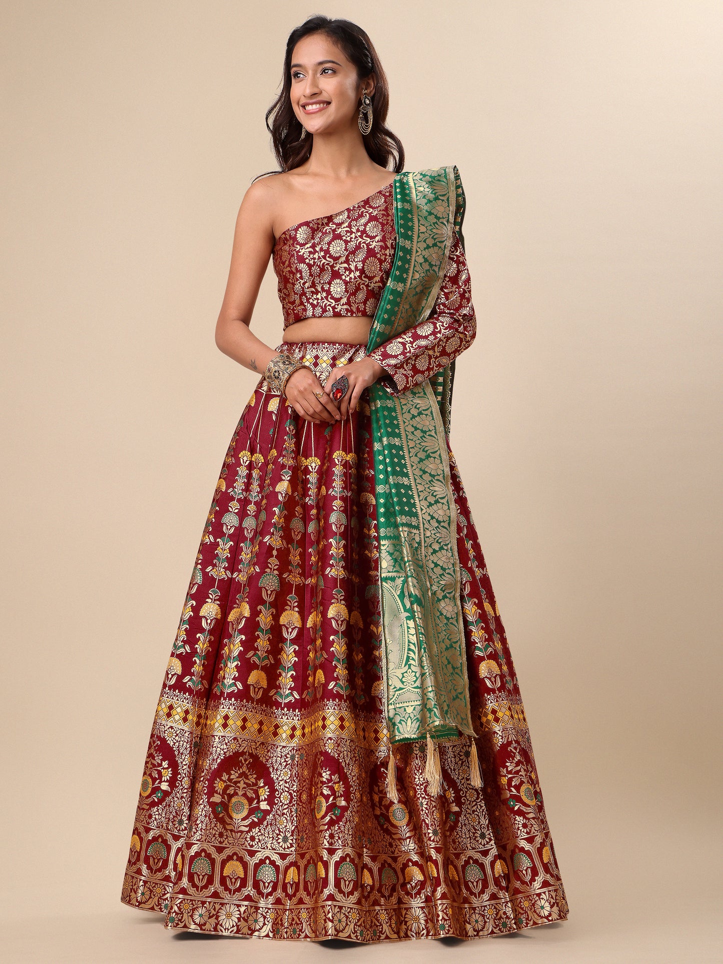 Jacquard Maroon Semi-Stitched Lehenga Choli