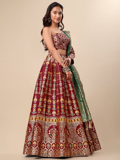 Jacquard Maroon Semi-Stitched Lehenga Choli