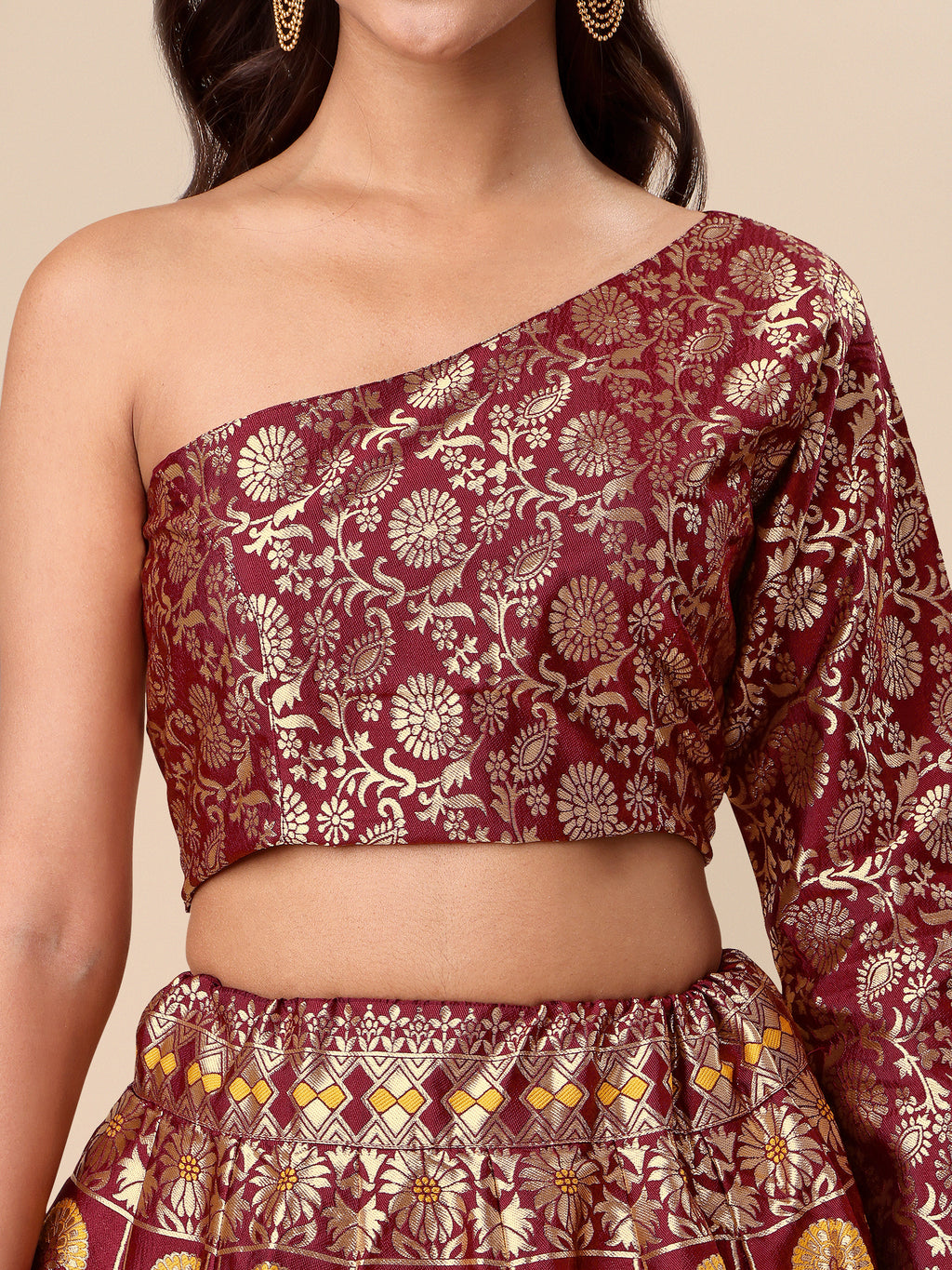 Jacquard Maroon Semi-Stitched Lehenga Choli