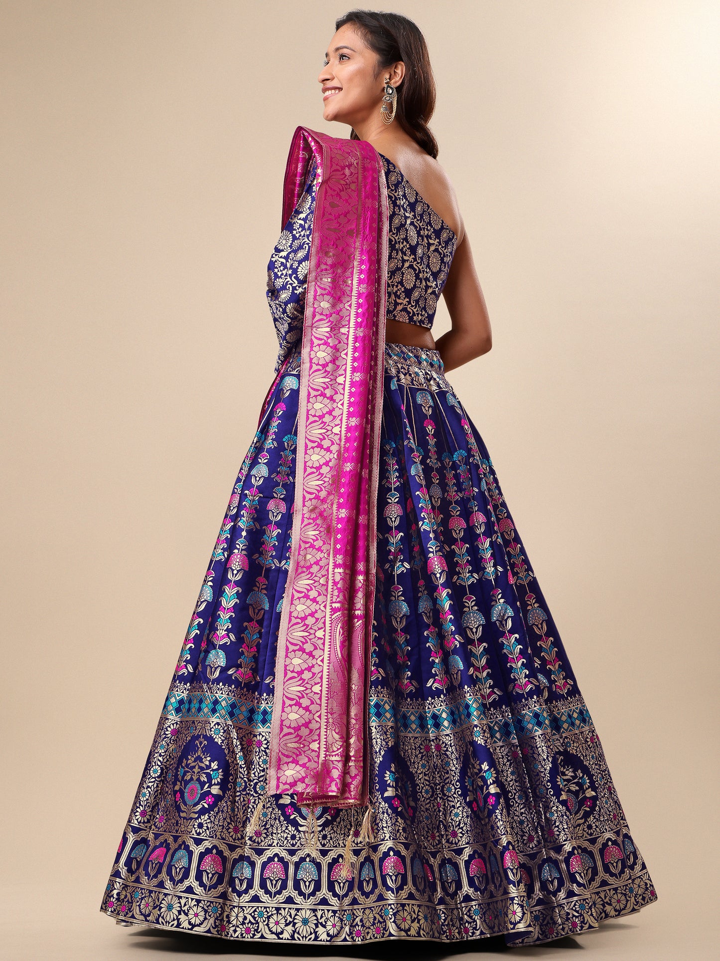 Jacquard Navy Blue Semi-Stitched Lehenga Choli