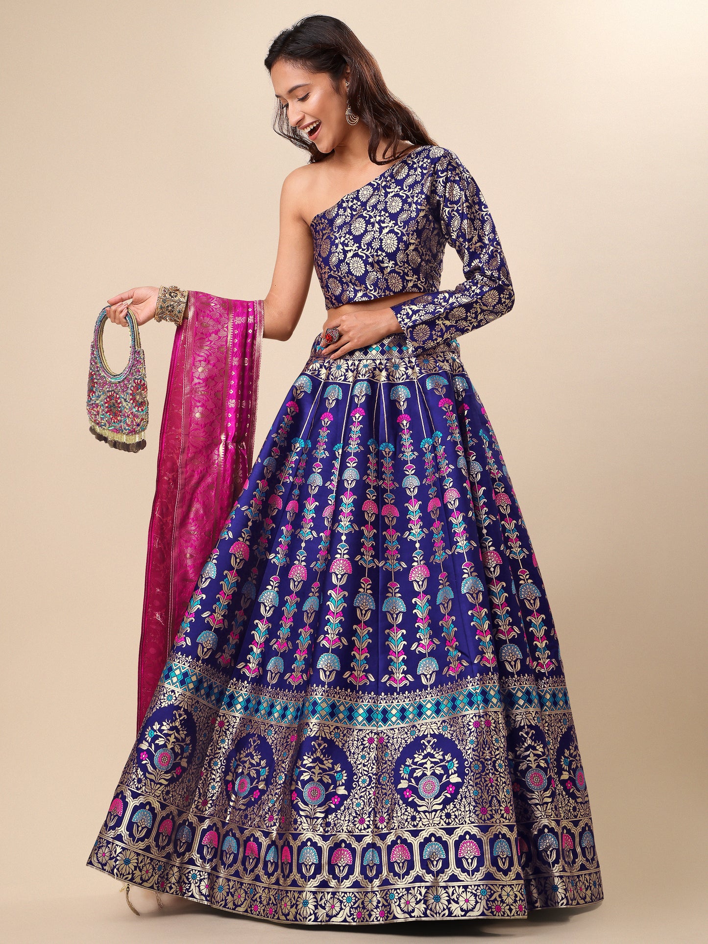 Jacquard Navy Blue Semi-Stitched Lehenga Choli