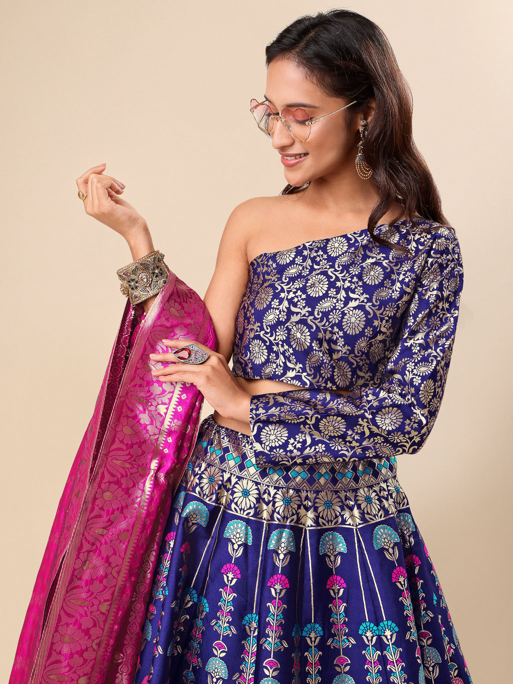 Jacquard Navy Blue Semi-Stitched Lehenga Choli