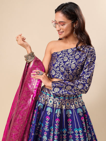 Jacquard Navy Blue Semi-Stitched Lehenga Choli