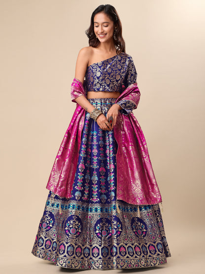 Jacquard Navy Blue Semi-Stitched Lehenga Choli