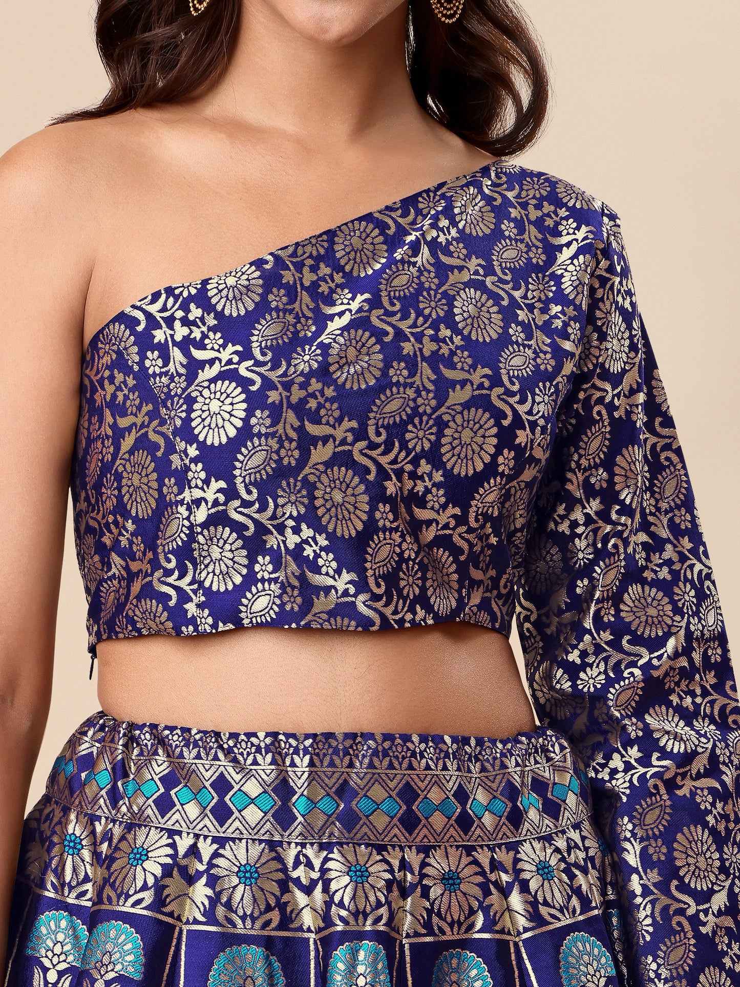 Jacquard Navy Blue Semi-Stitched Lehenga Choli