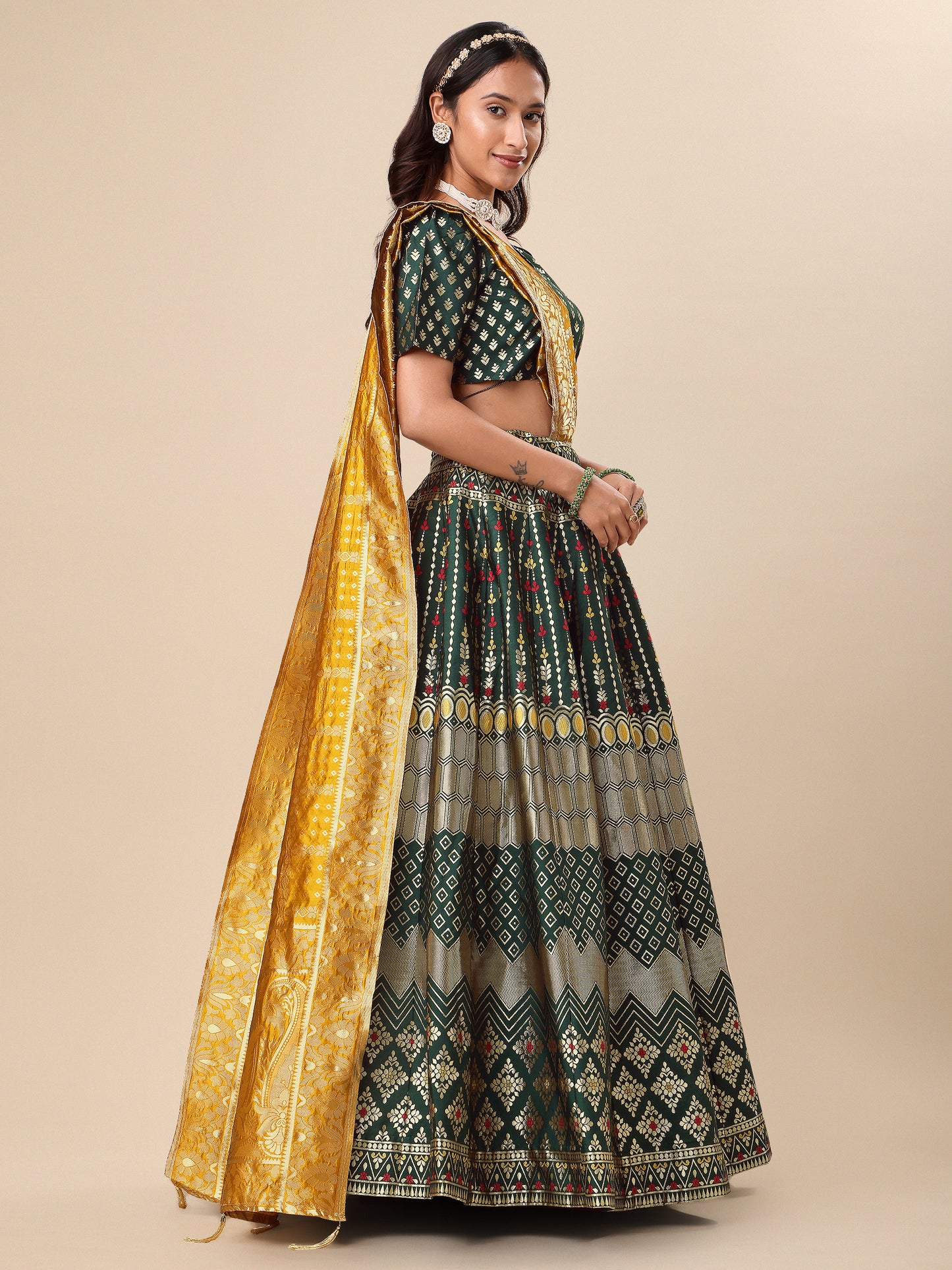 Zari Work Woven Motifs Dark Green Lehenga choli