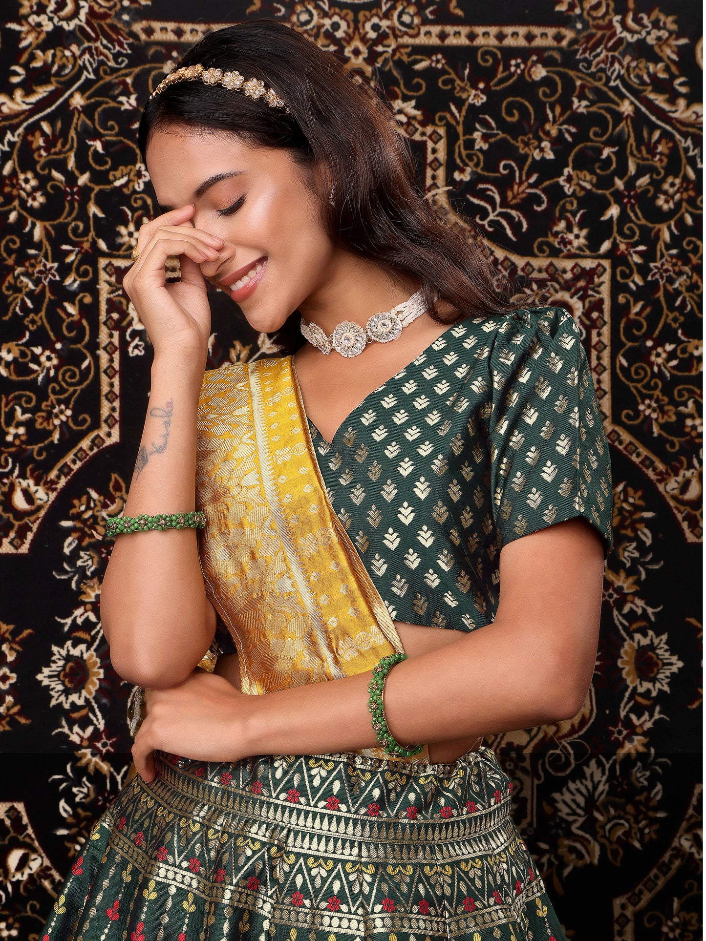 Zari Work Woven Motifs Dark Green Lehenga choli