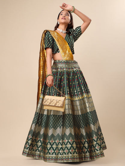 Zari Work Woven Motifs Dark Green Lehenga choli