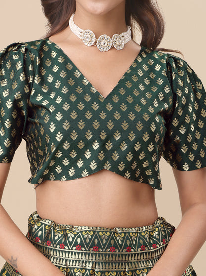 Zari Work Woven Motifs Dark Green Lehenga choli