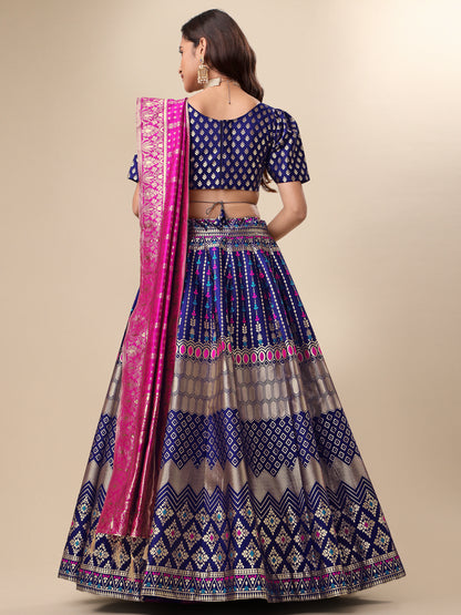 Zari Work Woven Motifs Navy Blue Lehenga choli