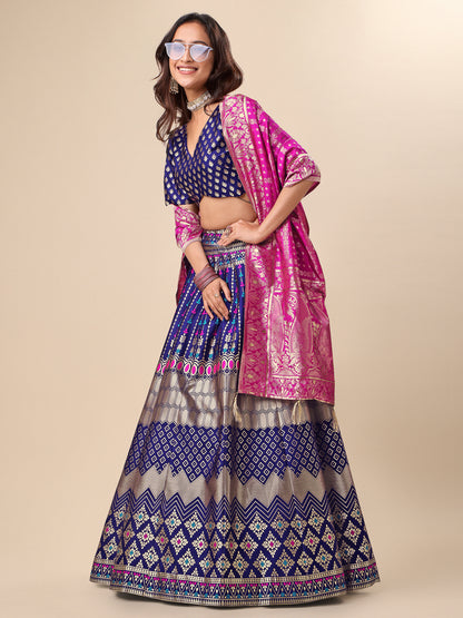 Zari Work Woven Motifs Navy Blue Lehenga choli