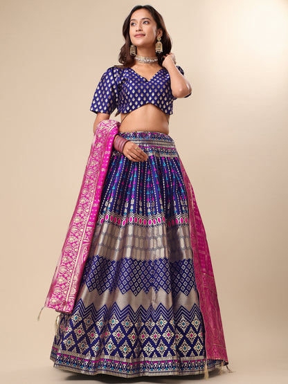 Zari Work Woven Motifs Navy Blue Lehenga choli