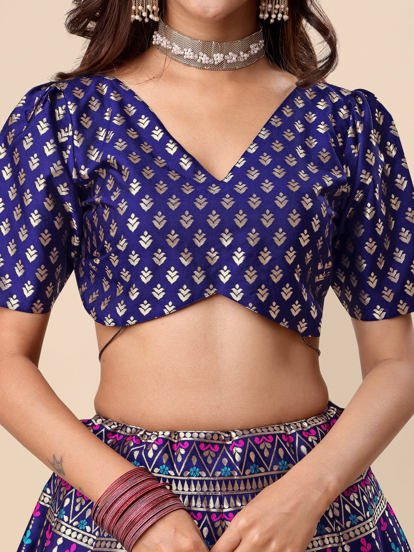 Zari Work Woven Motifs Navy Blue Lehenga choli