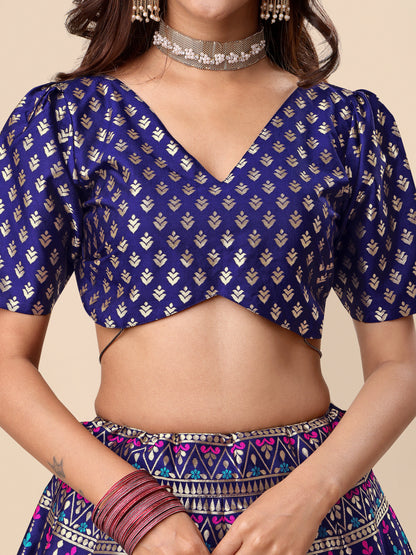 Zari Work Woven Motifs Navy Blue Lehenga choli