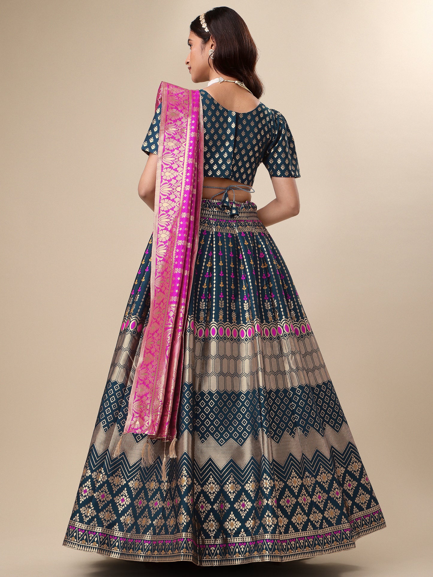 Zari Work Woven Motifs Rama Lehenga choli