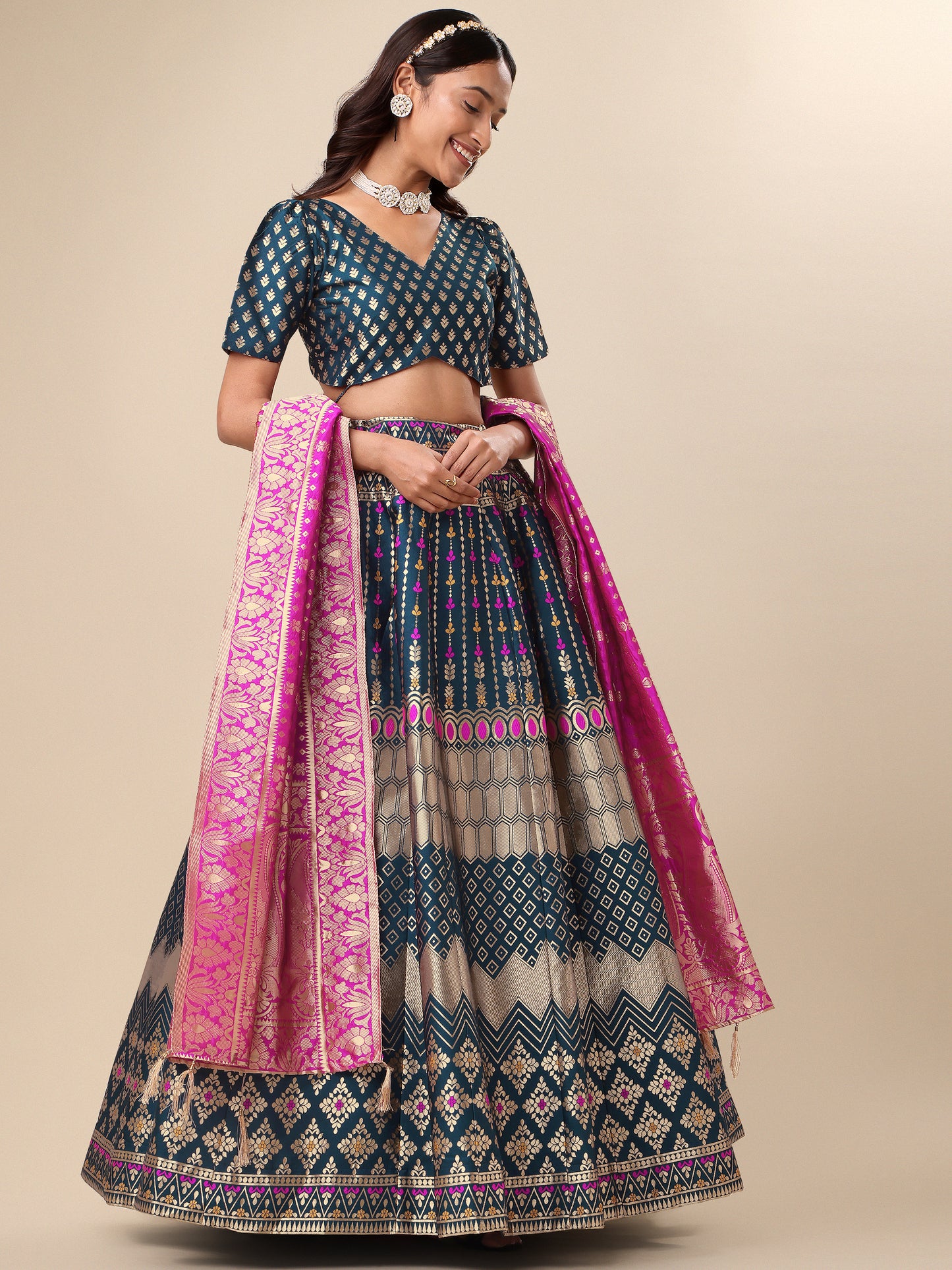 Zari Work Woven Motifs Rama Lehenga choli