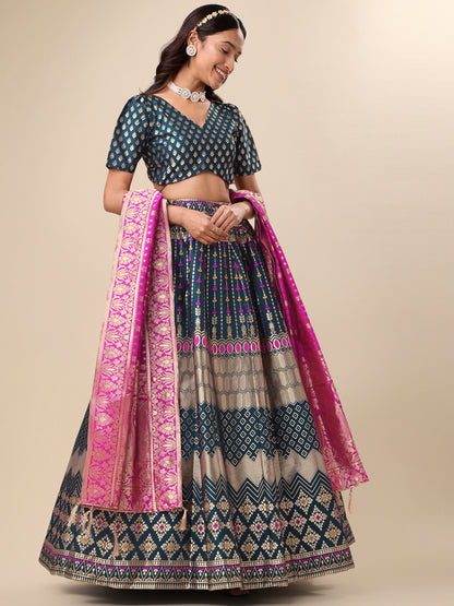 Zari Work Woven Motifs Rama Lehenga choli