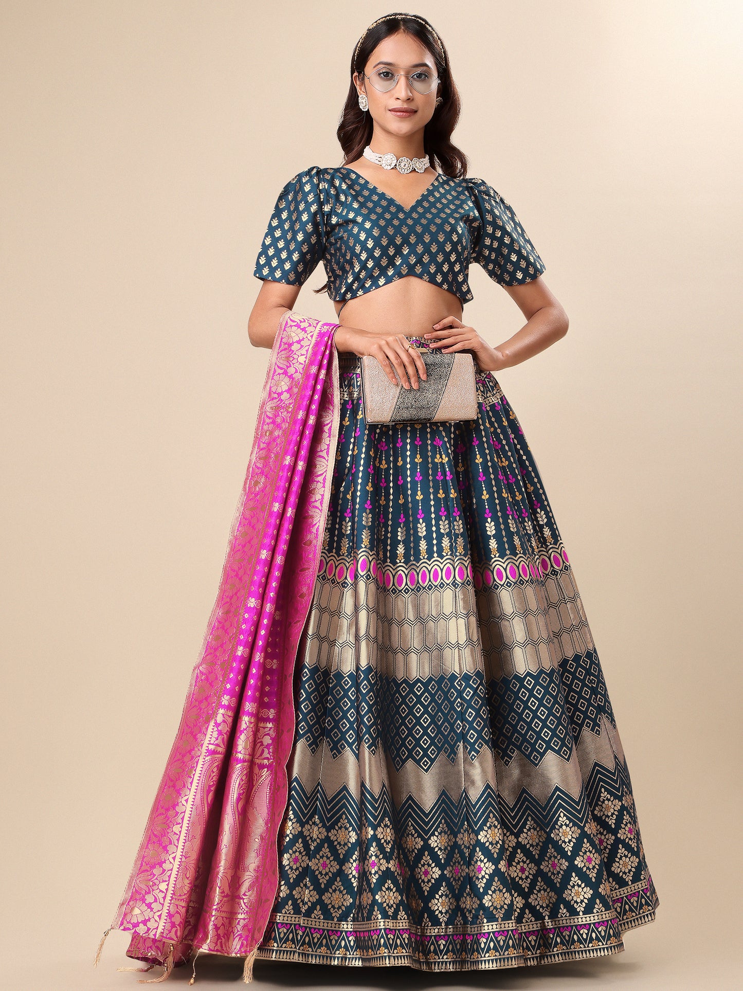 Zari Work Woven Motifs Rama Lehenga choli