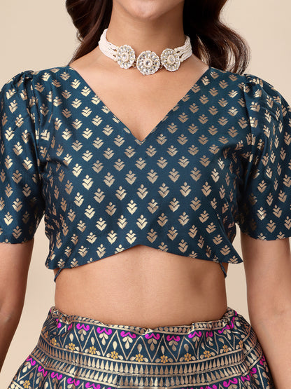 Zari Work Woven Motifs Rama Lehenga choli