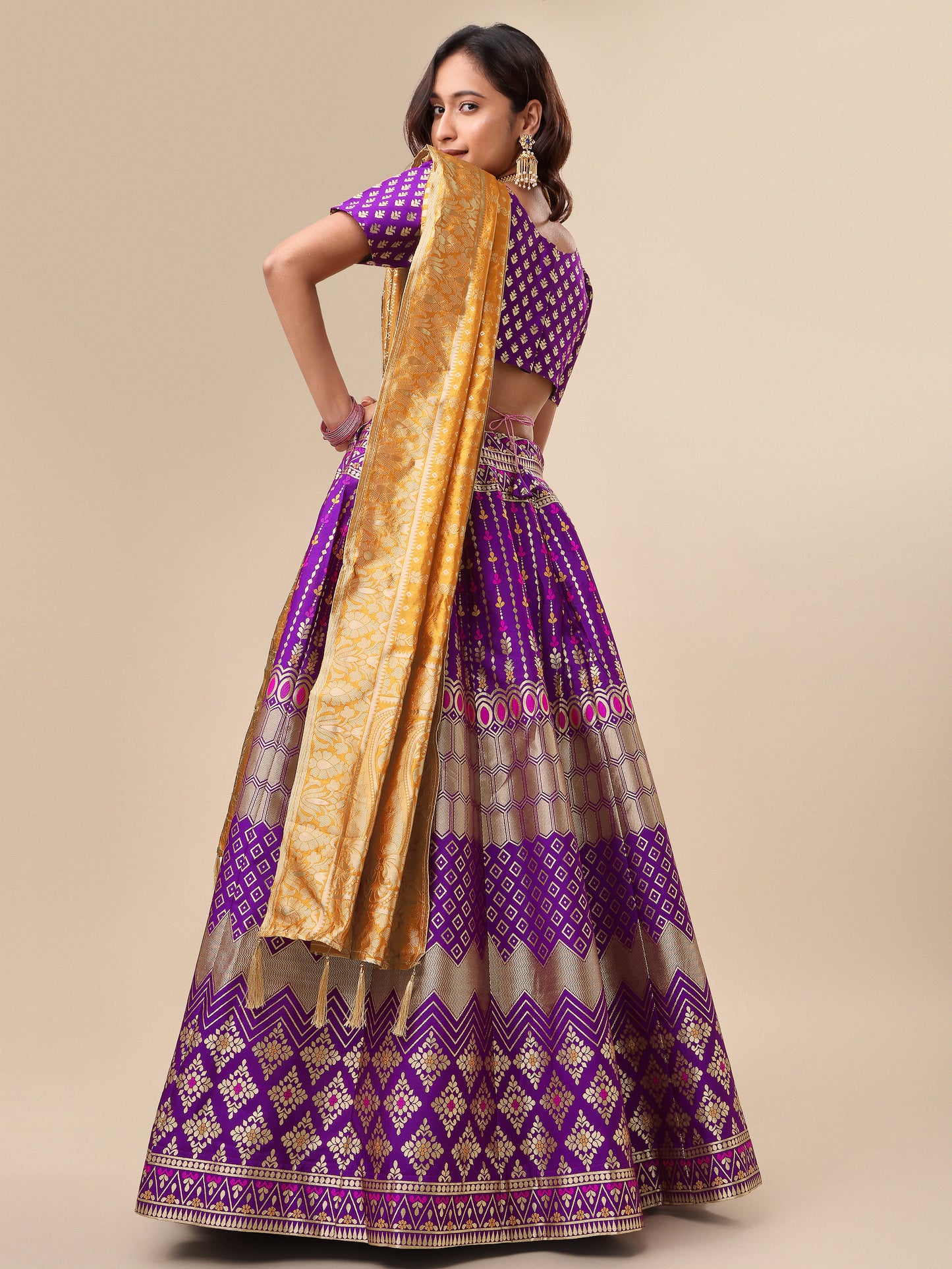 Zari Work Woven Motifs Wine Lehenga choli