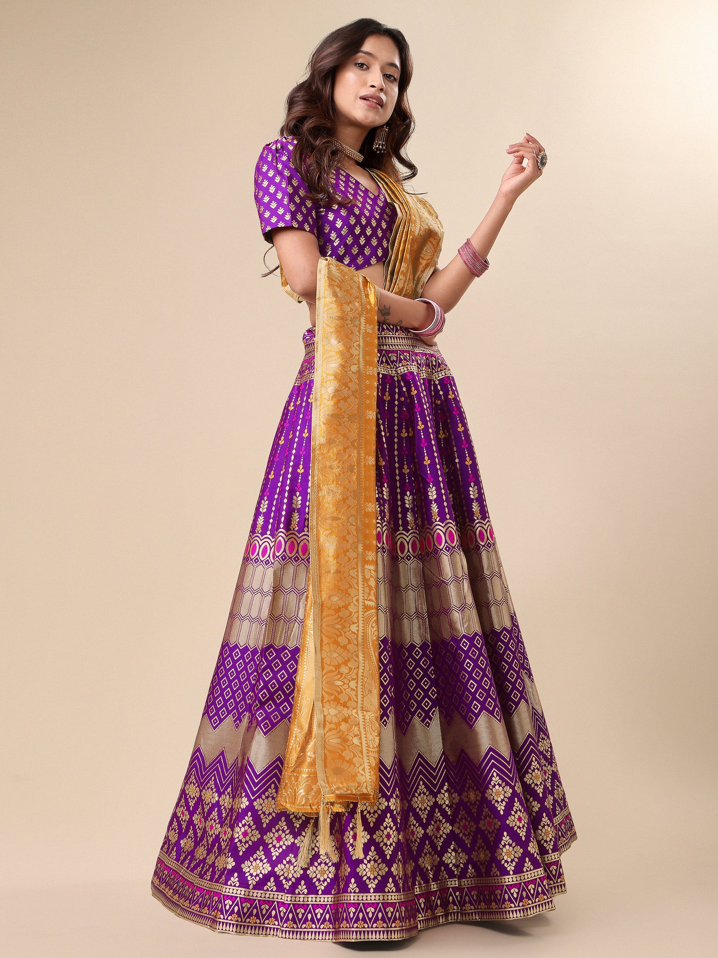 Zari Work Woven Motifs Wine Lehenga choli