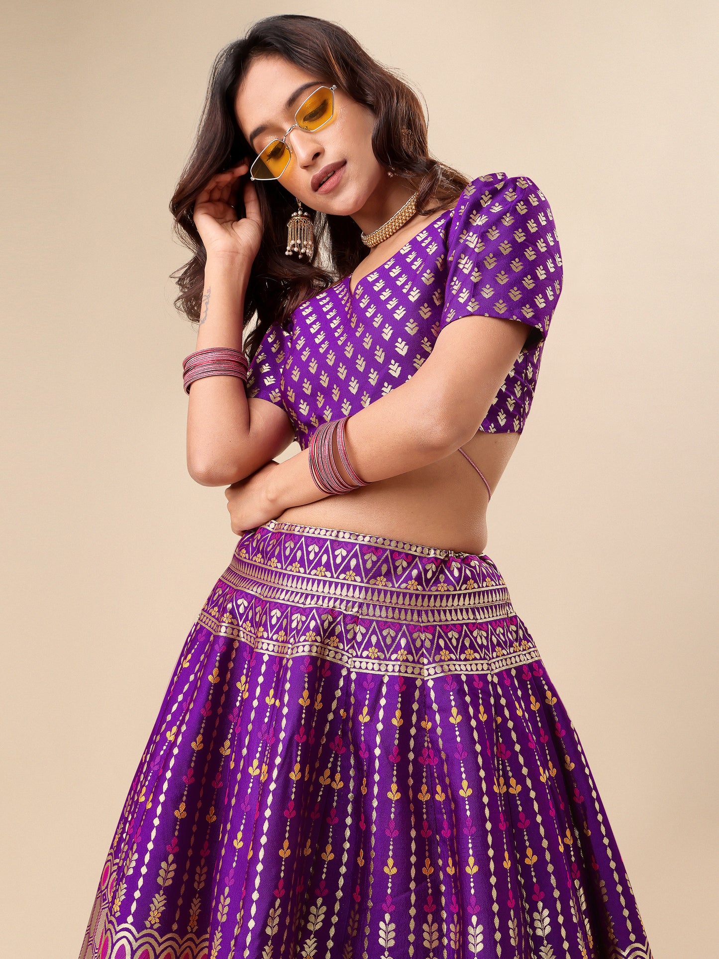 Zari Work Woven Motifs Wine Lehenga choli