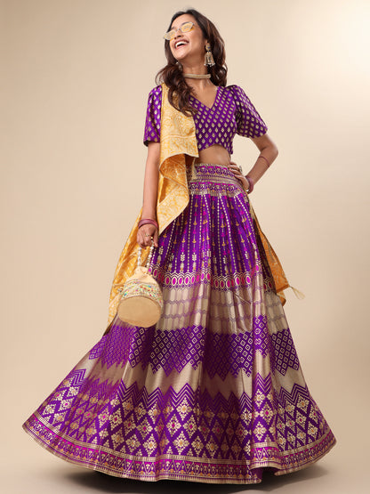 Zari Work Woven Motifs Wine Lehenga choli