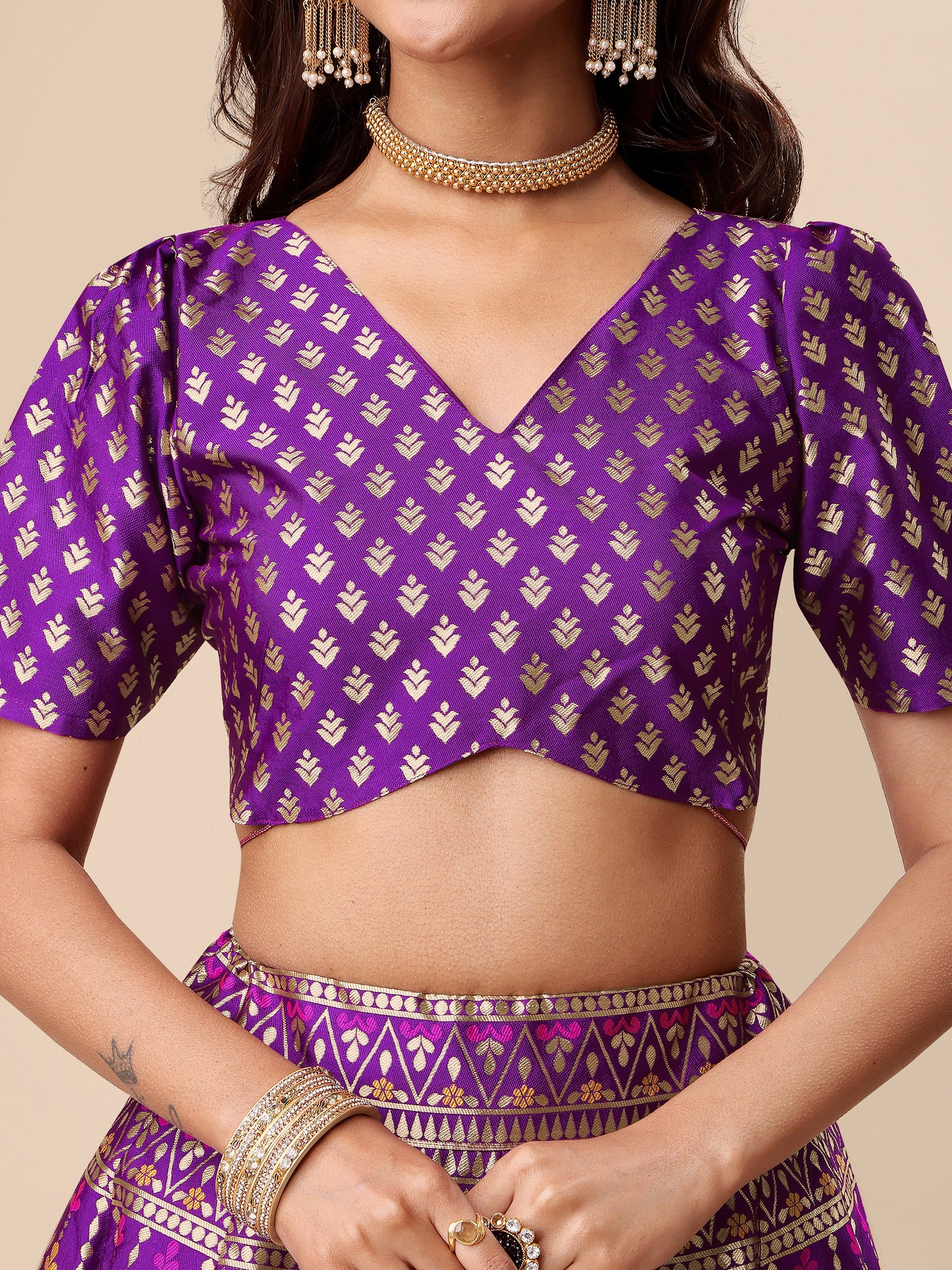 Zari Work Woven Motifs Wine Lehenga choli