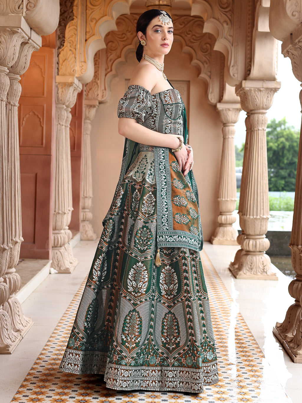 Kanjiwaram With Zari Dark Green Lehenga Choli