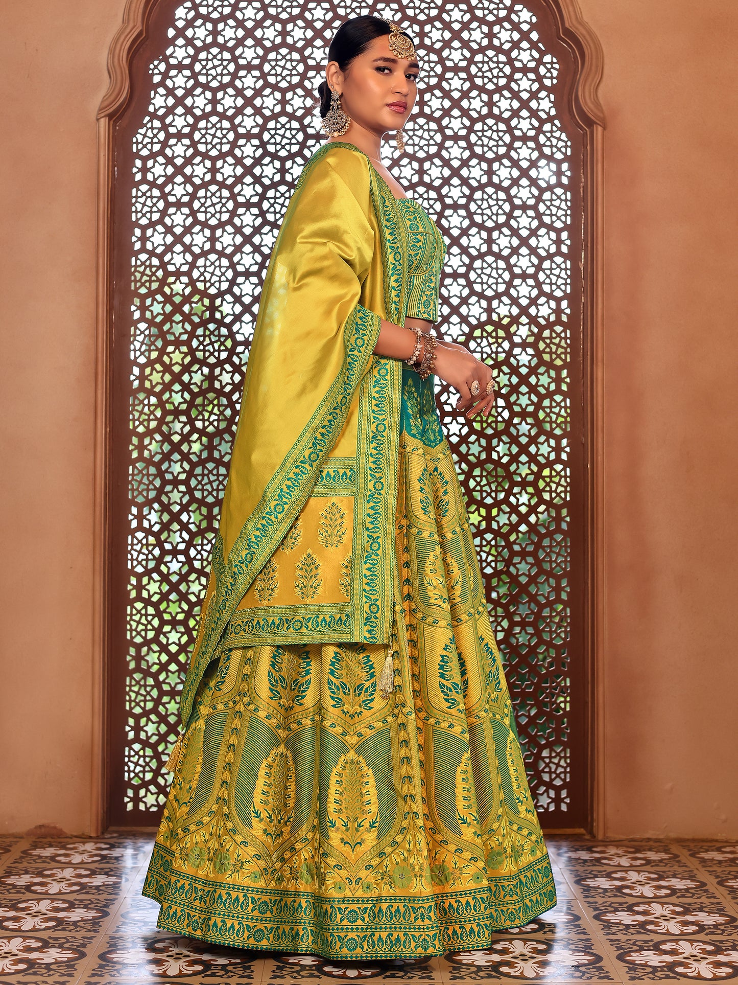 Kanjiwaram With Zari Lime Lehenga Choli