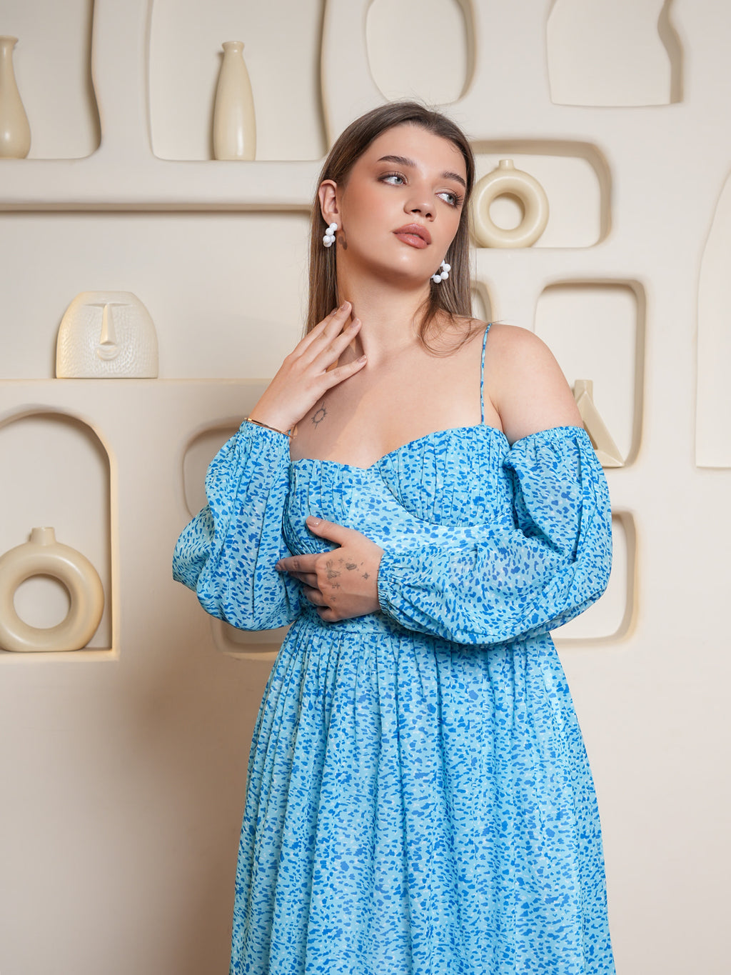 Women Blue Georgette Woven Dress