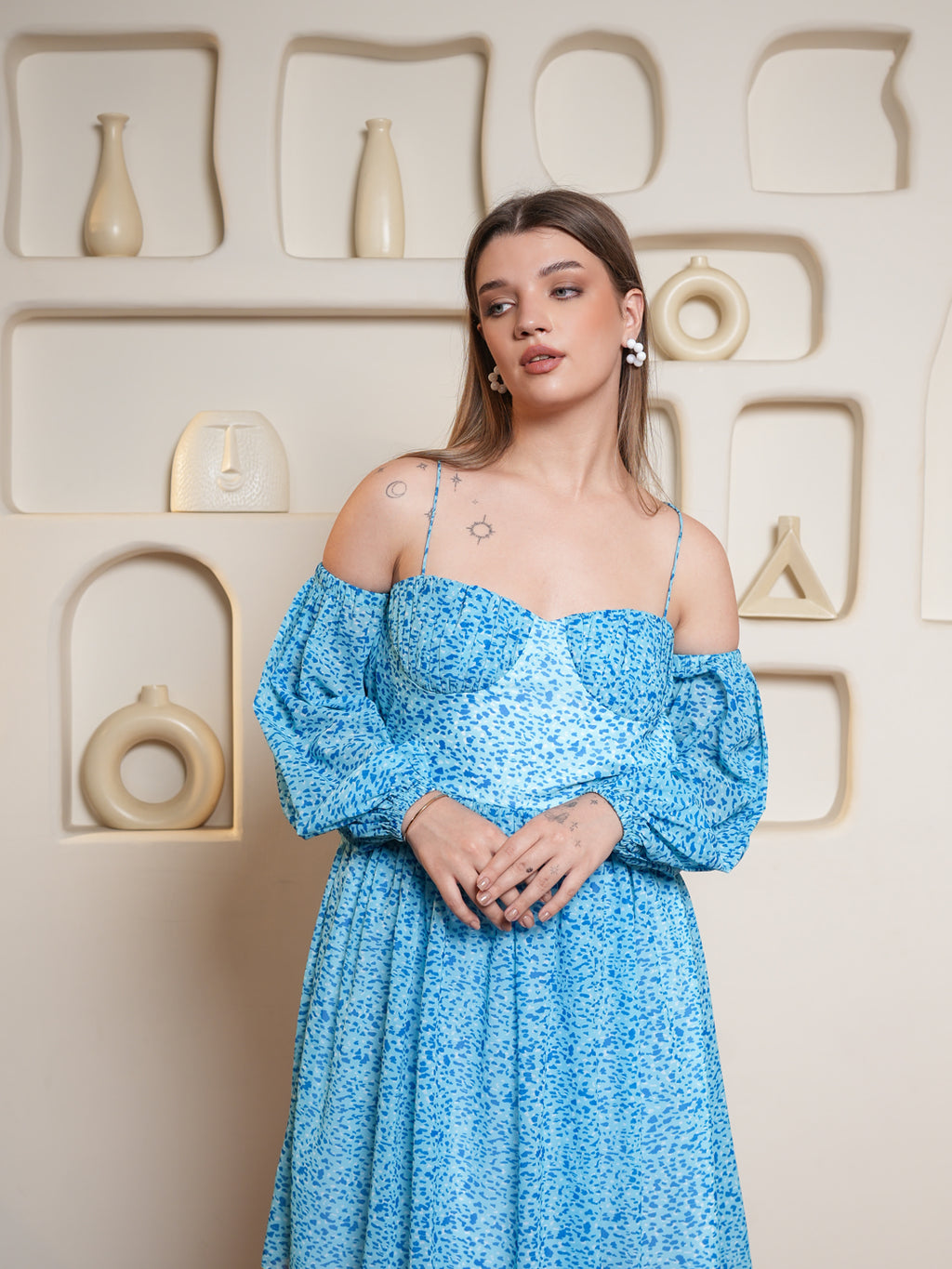 Women Blue Georgette Woven Dress