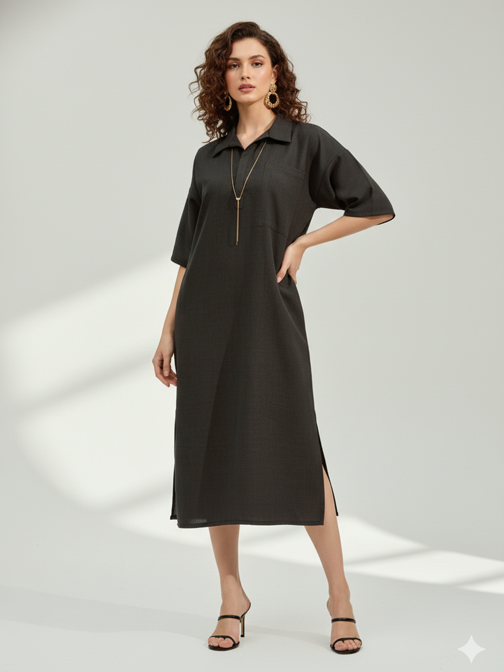 Regular Sleeve Midi Length Solid Dress