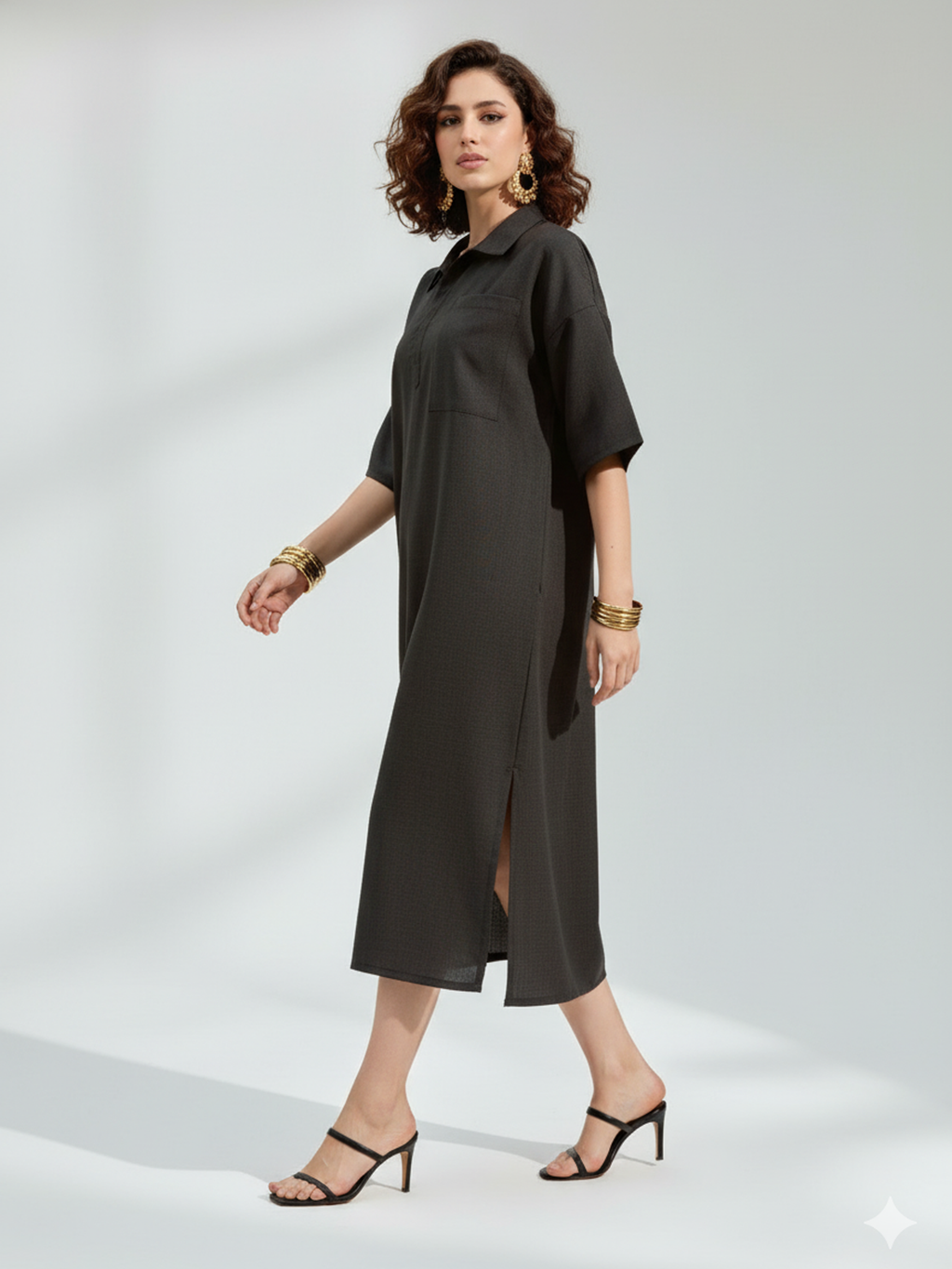 Regular Sleeve Midi Length Solid Dress