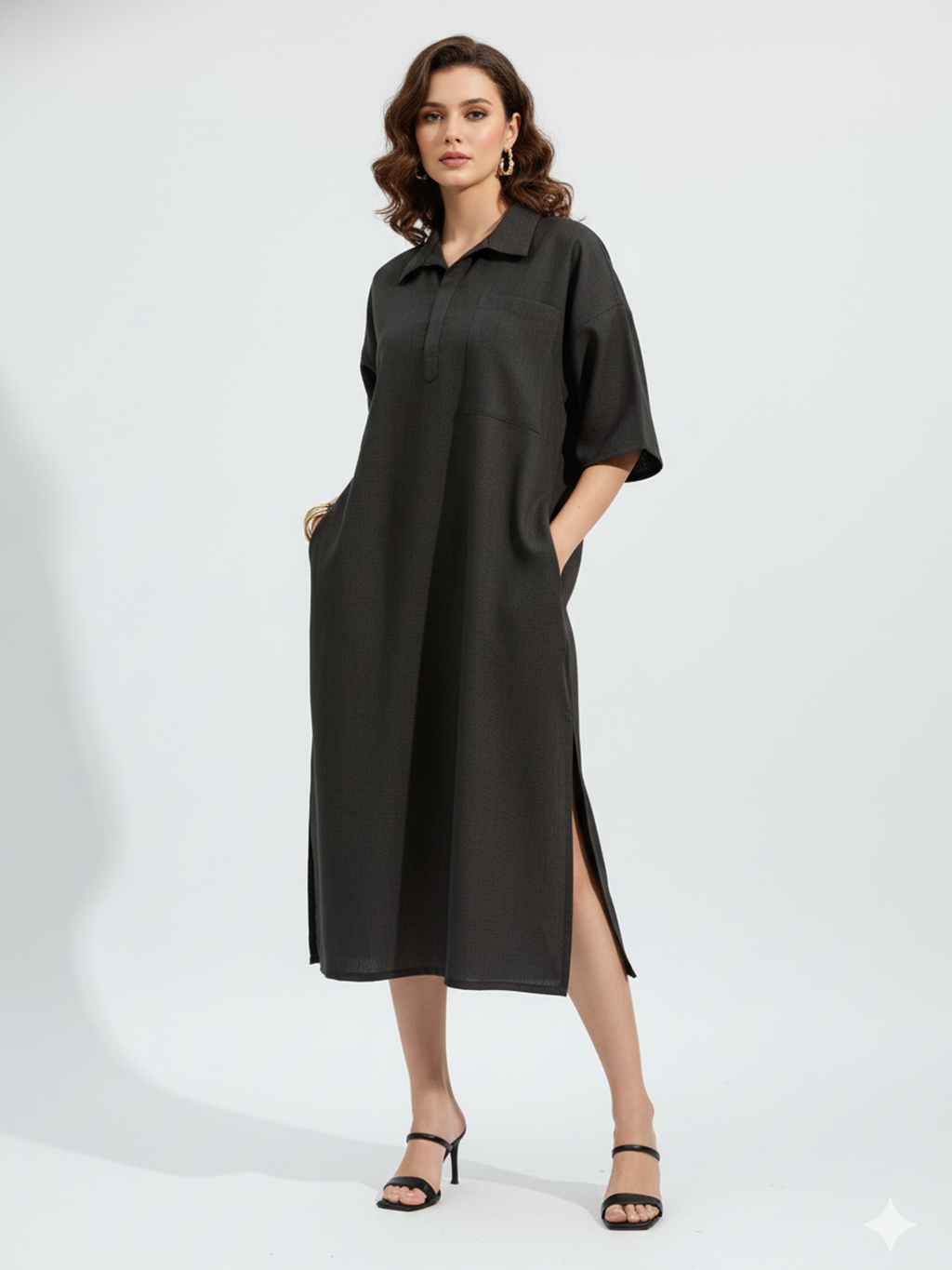 Regular Sleeve Midi Length Solid Dress