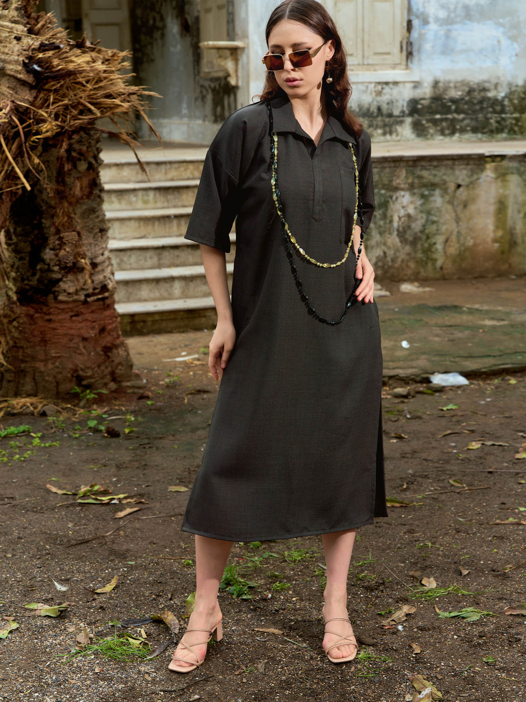 Regular Sleeve Midi Length Solid Dress