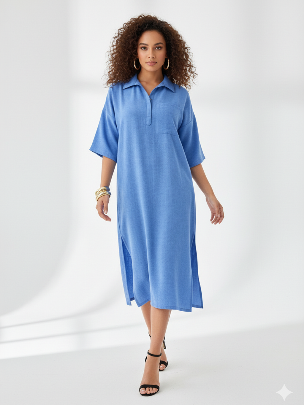 Regular Sleeve Midi Length Solid Dress