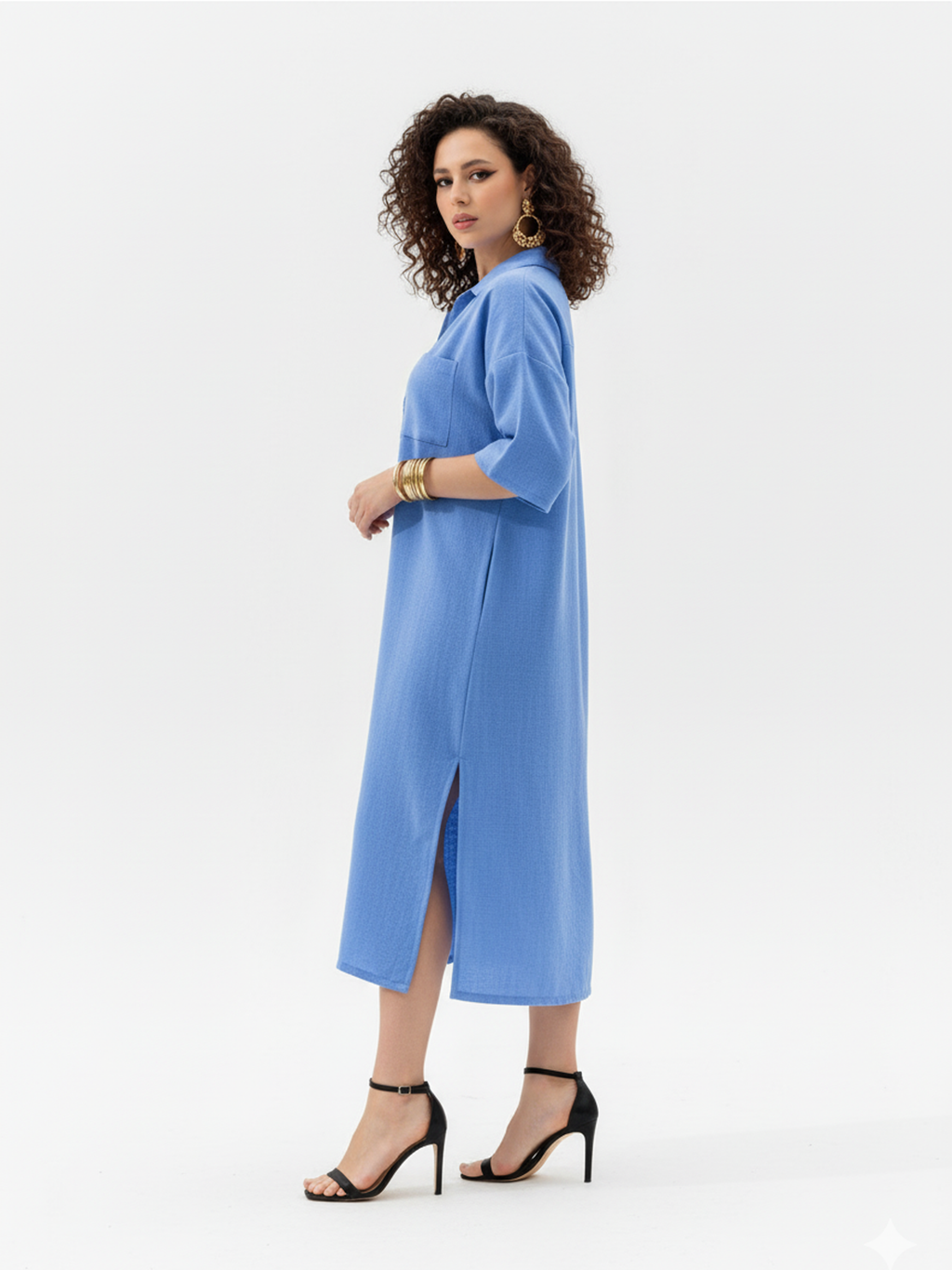 Regular Sleeve Midi Length Solid Dress